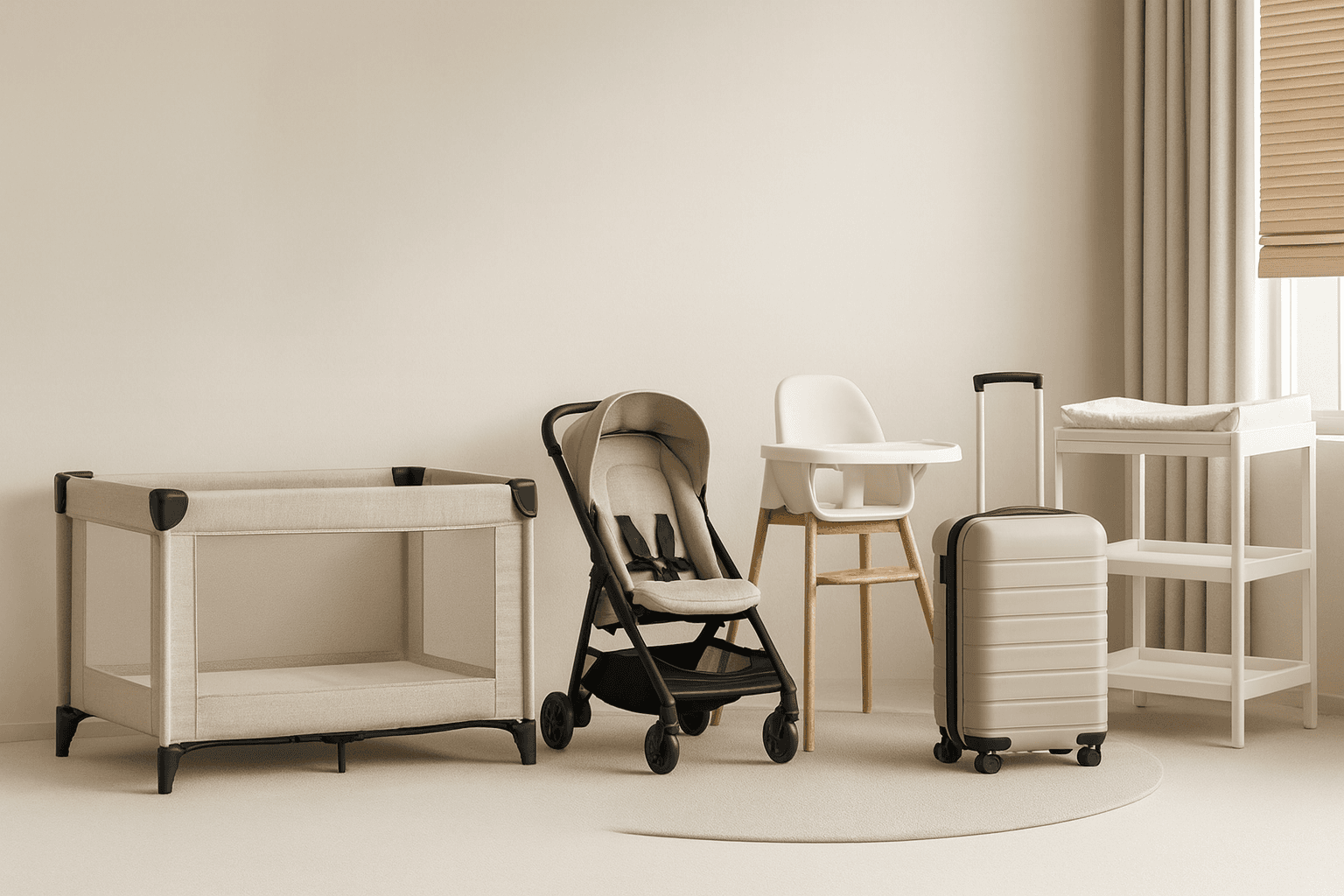 Adelaide baby equipment hire — family traveling light with pram, cot and car seat